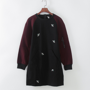 库存折扣刺绣蜜蜂拼接连衣裙F676A 品牌女装 灵系列 春秋新款