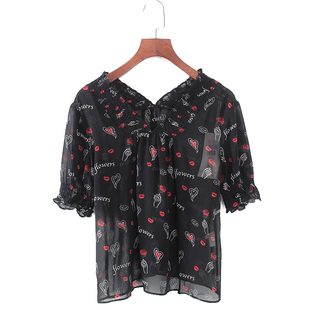库存折扣日韩风短袖 碧系列 专柜女装 夏季 印花V领上衣F1081C 新品