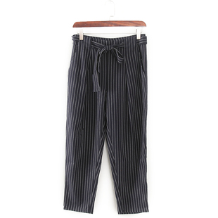 库存折扣侧拉链藏青色条纹休闲裤 品牌女装 F1908 春秋新款 碧系列