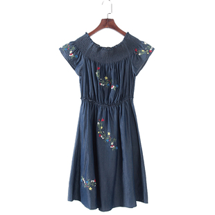 专柜女装 新品 库存折扣甜美风绣花牛仔连衣裙F1173D 夏季 碧系列