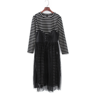 库存折扣加绒黑白条纹连衣裙两件套F1202 女装 碧系列 春秋新品