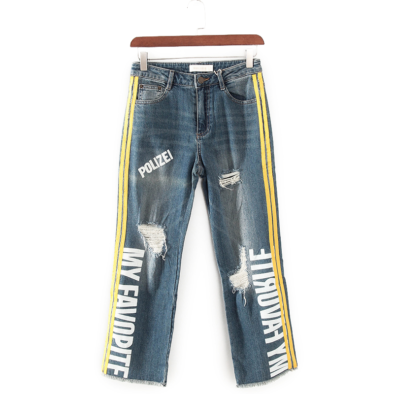 碧系列 春秋新款品牌女装库存折扣字母破洞直筒牛仔长裤F1905