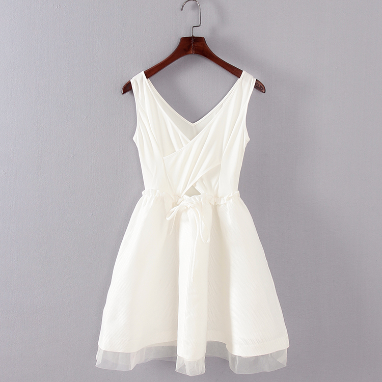 G系列 夏季新款品牌女装库存折扣少女风白色无袖拼接连衣裙F1674