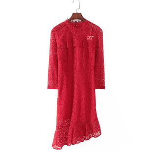 库存折扣红色气质蕾丝连衣裙F1781C 品牌女装 碧系列 春夏新款