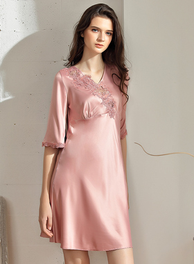 碧美妮19151  2019年新款仿真丝刺绣花边中袖裙性感睡衣女