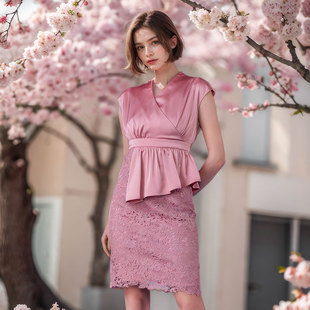 性感高贵礼服裙短袖 重工蕾丝连衣裙修身 收腰气质裙子 夏日安可 特