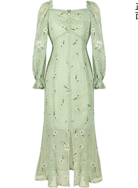 清仓 水之痕 清新绿色修身收腰鱼尾连衣裙气质蕾丝刺绣开叉春夏