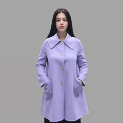 时尚羊毛大衣女气质翻领紫色