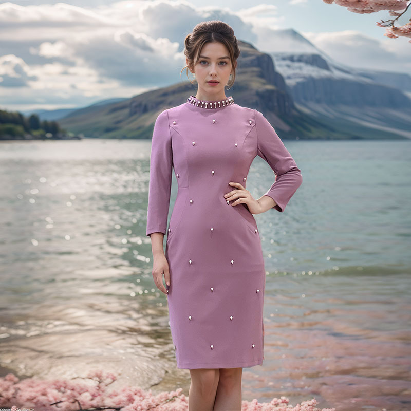 通勤气质修身收腰纯色钉珠