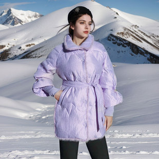 行至朝雾  紫色白鸭绒拼接水貂毛羽绒服女中长款气质收腰保暖冬新