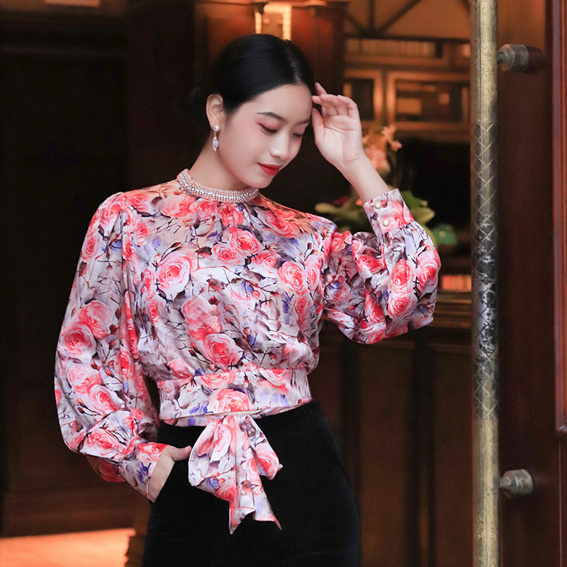 【花容月貌】真丝桑蚕丝上衣女复古印花气质收腰衬衫通勤长袖春夏