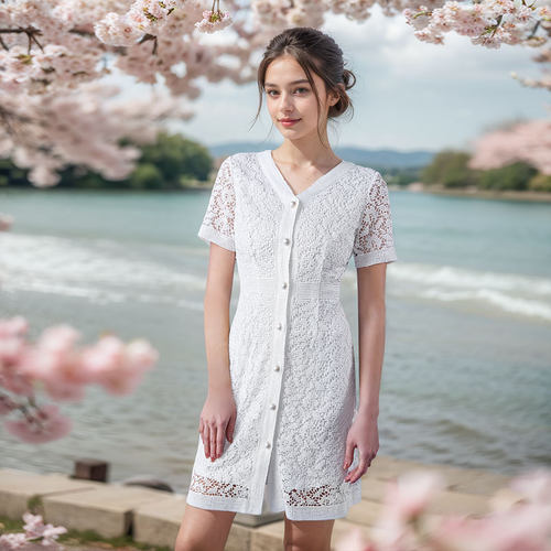 自在仙 小香风衣连衣裙金丝线重工蕾丝白色短袖通勤轻奢女装夏款