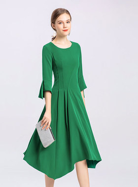 清仓 叶舞翩翩 绿色连衣裙收腰A字大摆浪漫飘逸喇叭袖中长裙春秋