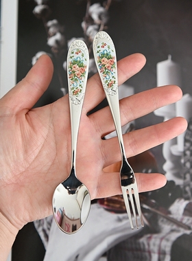 韩国进口SMF英式玫瑰花束304不锈钢咖啡勺搅拌勺实心水果叉蛋糕叉