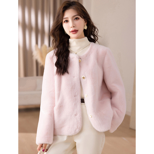 彩衣阁秋冬装时尚加厚仿水貂皮毛华丽女舒服柔软粉白色皮草外套