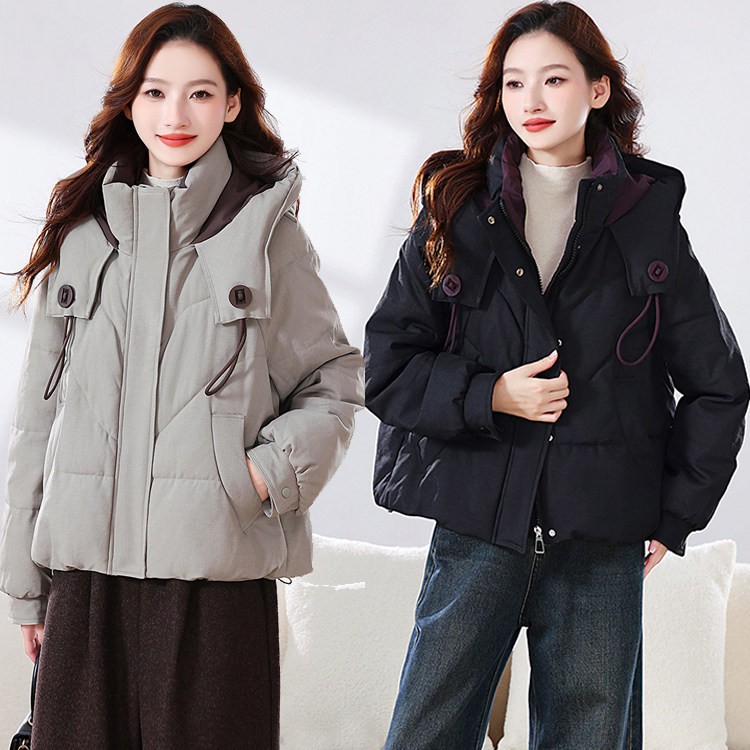 彩衣阁女棉服修身短款棉衣时尚逛街秋冬季个性灰黑色保暖防风外套