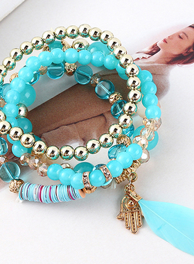 甜美风百搭蓝色羽毛多层手串