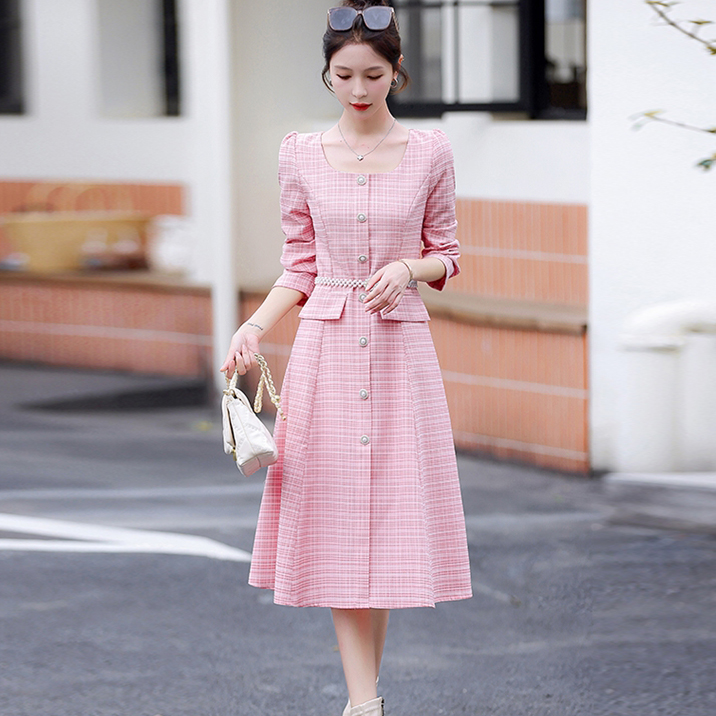 彩衣阁时尚春夏秋季长袖收腰职业女装气质名媛淑女珍珠粉色连衣裙