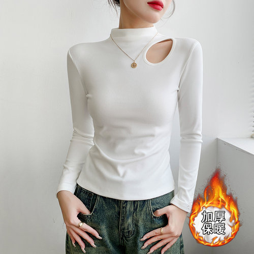 白色半高领加绒加厚打底衫女秋冬