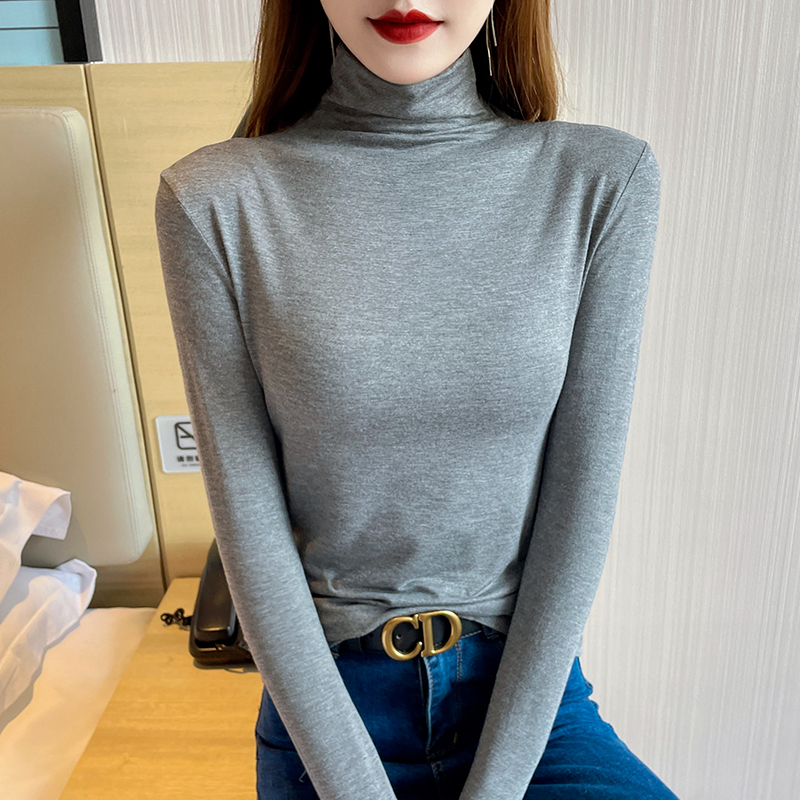 莫代尔堆堆领显瘦修身长袖t恤女