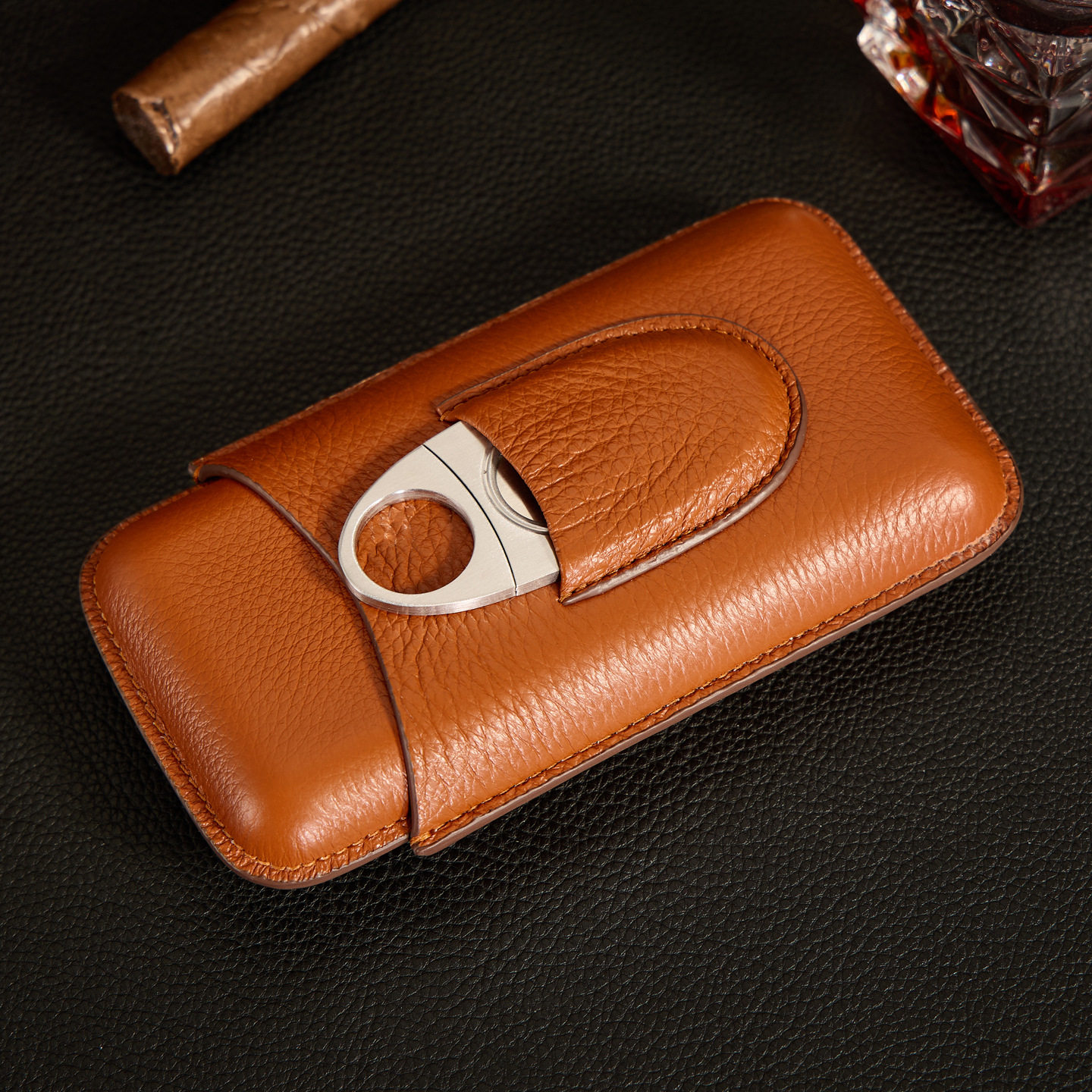 LUXFO头层黄牛皮雪茄皮套三支装便携式雪茄盒套装含雪茄剪皮套
