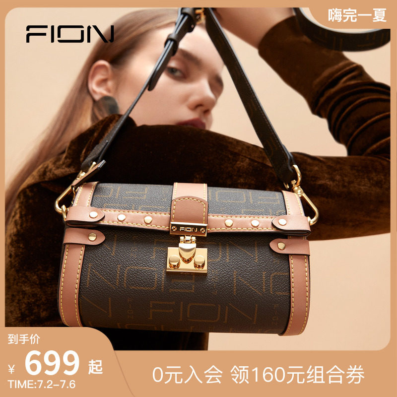 Fion/菲安妮老花波士顿包2023新款枕头包高级质感小众斜挎包包女