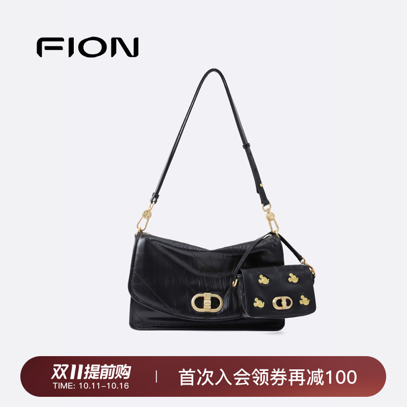Fion/菲安妮迪士尼米奇合作潮绣真皮小方包单肩腋下包包女斜挎包