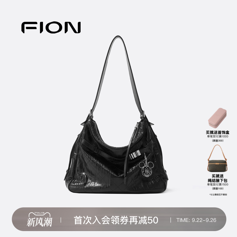 Fion/菲安妮迪士尼米奇合作音符托特包真皮大容量女通勤斜挎包包