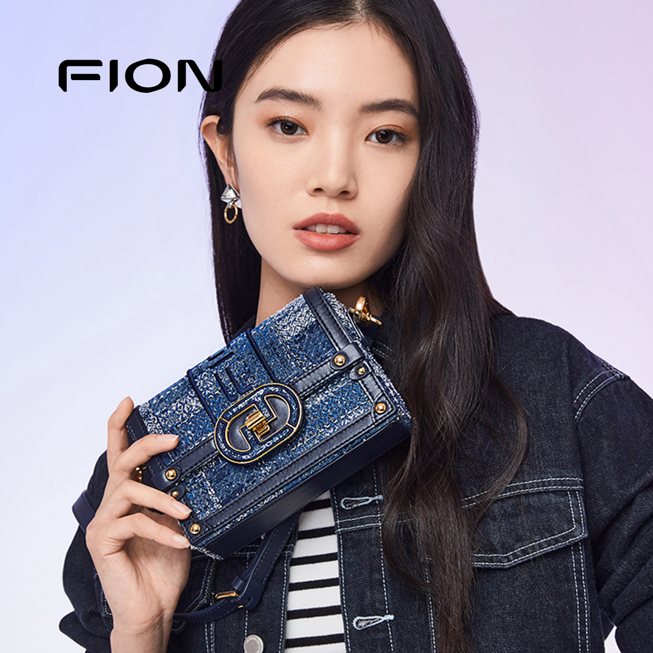 Fion/菲安妮小方包新款女包丹宁牛仔轻奢感设计感斜挎单肩包