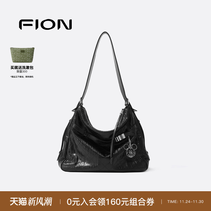 Fion/菲安妮迪士尼米奇合作音符托特包真皮大容量女通勤斜挎包包