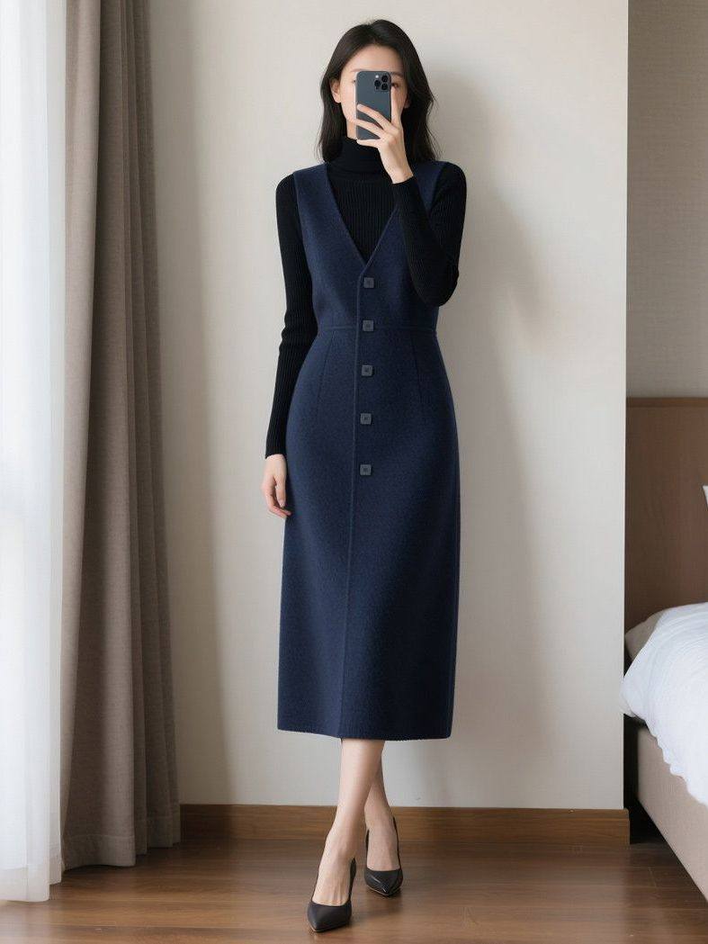 设计感法式优雅气质蓝色无袖背心连衣裙女遮肉显瘦秋冬过膝马甲裙,女装/女士精品,连衣裙,淘宝优惠券,粉丝福利购,淘宝优惠卷