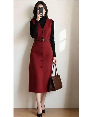 秋冬法式优雅收腰遮肉无袖背心裙气质百搭显瘦毛呢马甲连衣裙