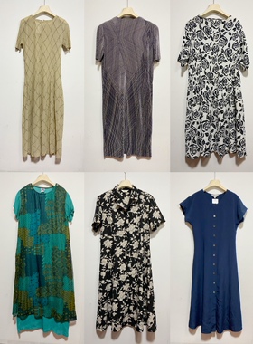 天天古着连衣裙夏vintage日本褶皱纹印花聚酯宽松长裙L100z