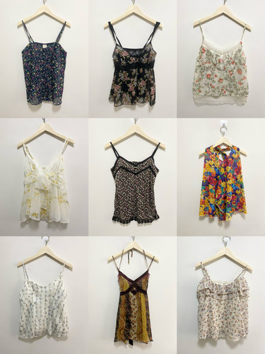 天天古着甜美荷叶边外穿雪纺碎花吊带背心vintage日制百搭衫S001