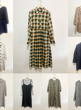 天天古着连衣裙vintage日本春夏印花聚酯长袖宽松大收腰中裙L15f