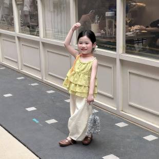 2026女童夏季牛油果色三层荷叶木耳边吊带条纹宽松阔腿裤两件套装