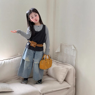 儿童2026春装新款女童韩系灰色长袖上衣背心两件套女宝休闲T恤潮