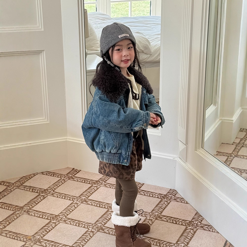童装外套2025冬装新款韩版男女童复古做旧牛仔外套大毛领加绒加厚