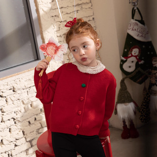 25秋冬季新款韩版女童红色彩色扣子针织毛衣开衫外套可内搭外穿潮
