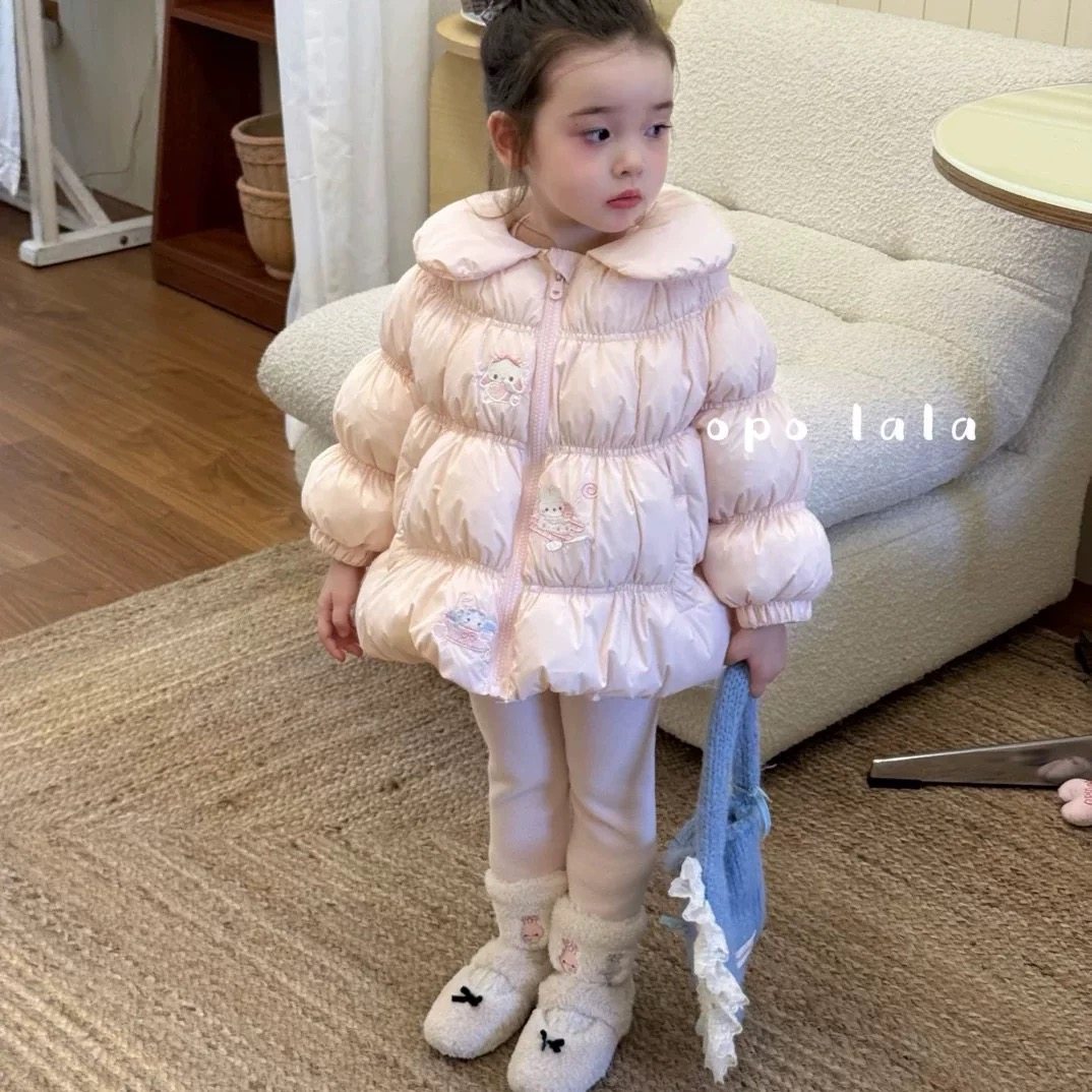 Opolala 2025年新款棉服女童粉色中长款棉服