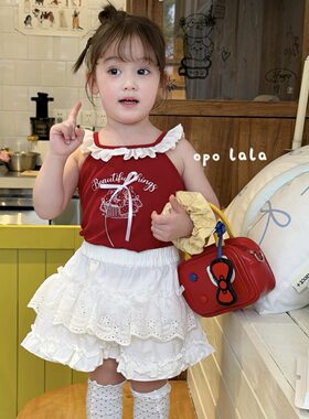 Opolala女童夏季红色吊带白色棉布蛋糕裙裤套装白色半身裙裙裤