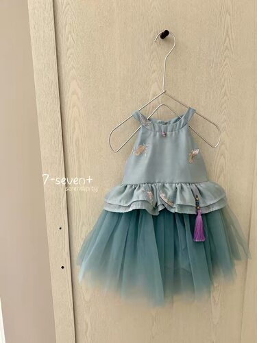 7seven女童夏季挂脖连衣裙孔雀蓝国风款连衣裙背心纱纱裙