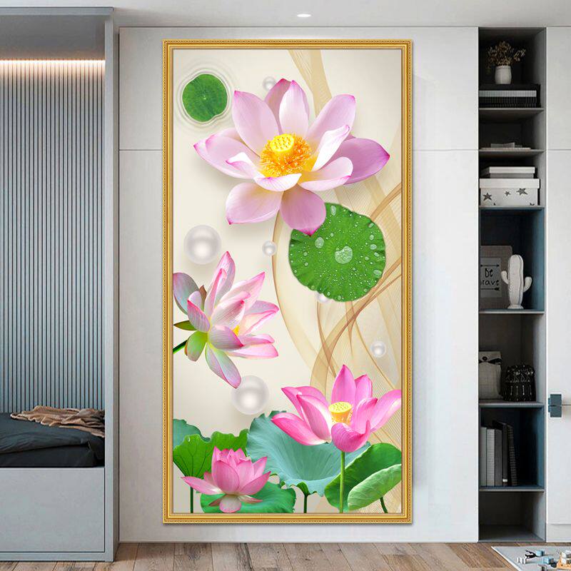 钻石画满钻圆钻方钻手工贴钻绣中式客厅玄关走廊竖版花卉荷花新款