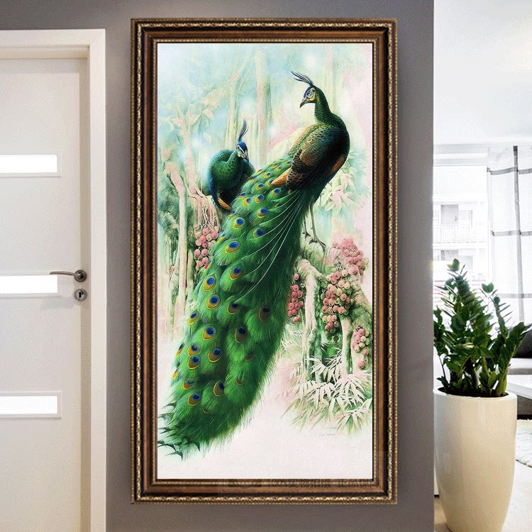 新中式客厅竖版玄关走廊钻石画满钻砖石画十字绣新款雪地情侣孔雀