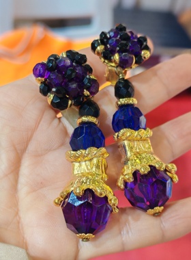 法国中古全新未使用老库存打标蓝紫色耳夹耳坠