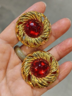 中古Vintage品牌打标红色琉璃耳夹