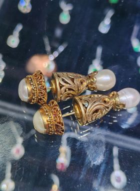 中古vintage重工银镀金珍珠耳环