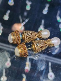 中古vintage重工银镀金珍珠耳环