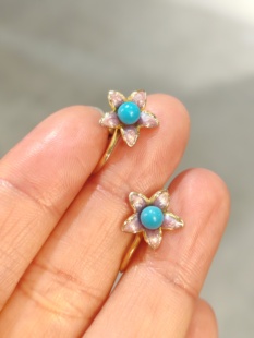 中古Vintage 925精致珐琅彩小花耳夹