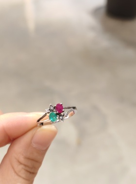 yes vintage store中古天然祖母绿红宝石925银彩宝戒指